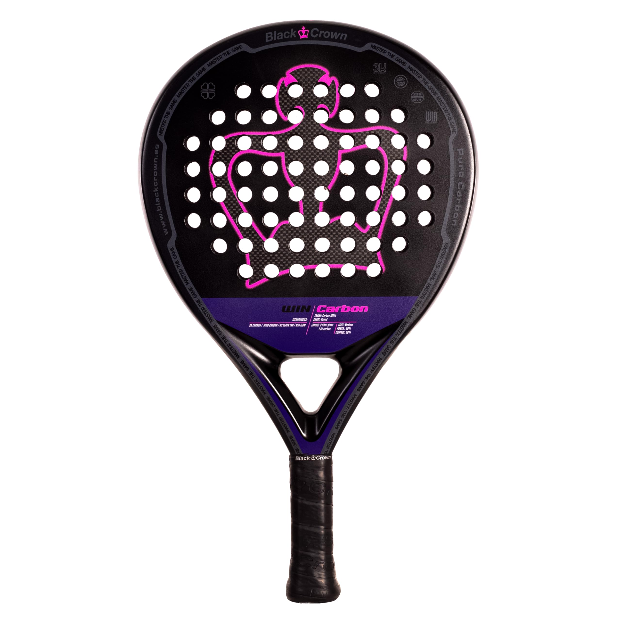 Black Crown - Win Carbon forma rotonda, gomma Super Soft EVA, doppio tubolare carbonio 100%, carbonio 3K, ampio sweet spot, morbidezza e comfort.