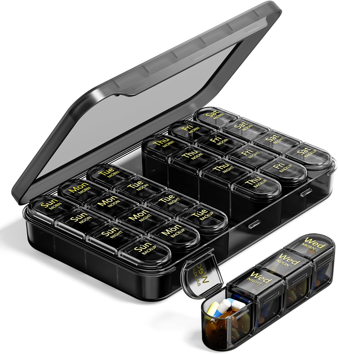 Odaro Weekly Pill Organizer 4 Times a Day, BPA Free Daily Pill Box 7 Day, Large Travel Pill Case with 28 Compartment to Hold Medicine, Vitamin and Supplement - Full Black