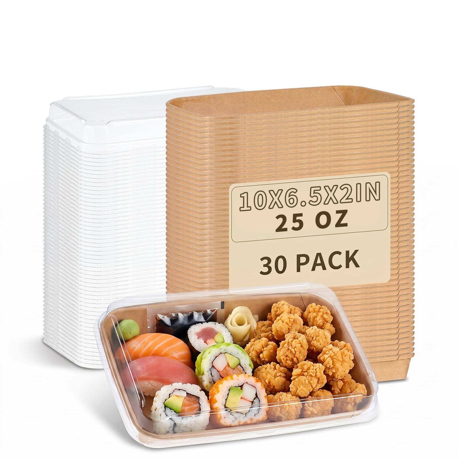 30 Pack Disposable Kraft Paper Food Trays With Clear Lids, 25oz | 10 x 6.5 x 2 inch Large Rectangle Take‑out Containers, Heavy‑duty Meal Storage Boxes for Food, Perfect for Next Day Lunch, Party