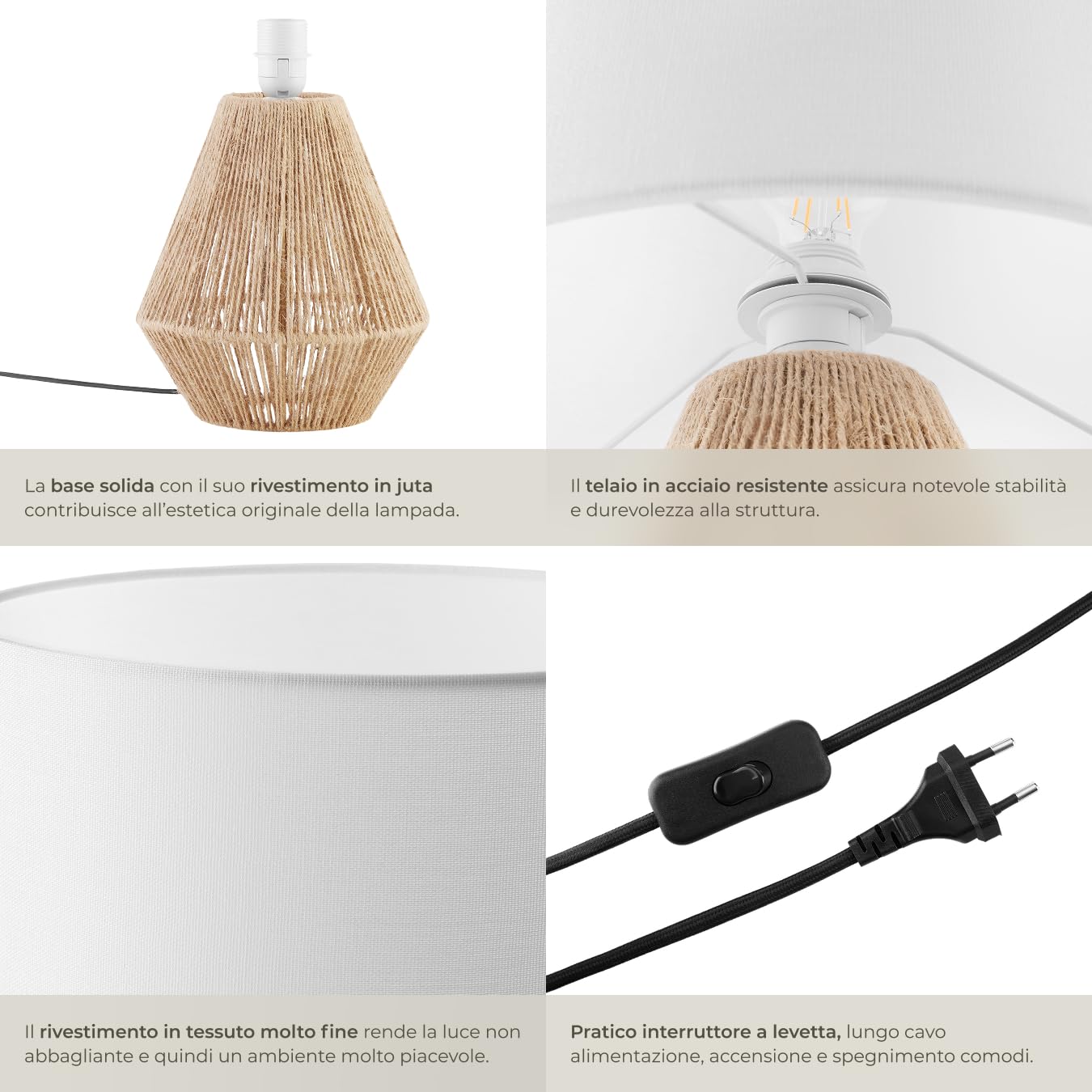 tectake® Lampada Da Tavolo, Lampada Da Scrivania, Lampade da Comodino In Juta, Abat Jour con accenti Luminosi Stile Boho, 60W, E27, Paralume Struttura in Acciaio, Base In Cemento - Ø 32 x 45 cm