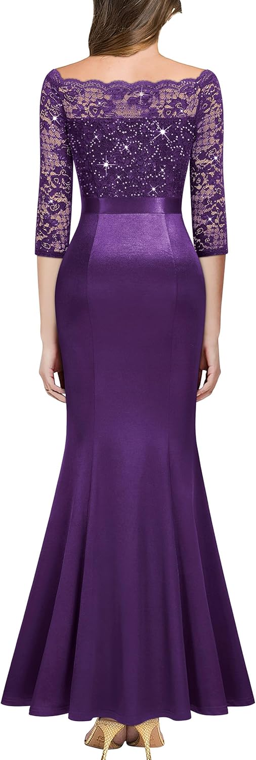 MISSMAY Women's Sexy Off Shoulder Floral Lace Formal Wedding Party Maxi Dress - Image 2