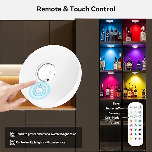 Miniatura 4 de Luces de disco recargables con control remoto, paquete de 3 luces magnéticas para debajo del gabinete, 1500 mAh, funciona con pilas, luces LED con