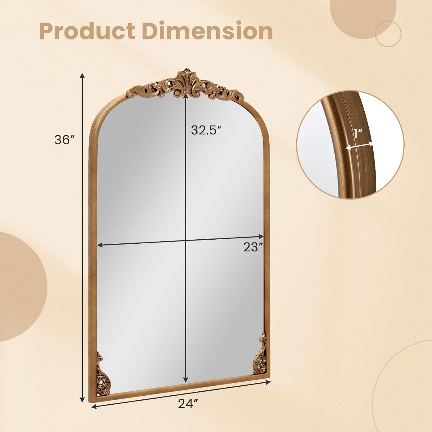 CHARMAID Arched Mirror, 36" x 24" Gold Antique Vintage Ornate Baroque Mirror with Metal Frame, Arch Wall Mirrors for Entryway, Fireplace, Living Room, Decorative Mirrors Wall Mounted