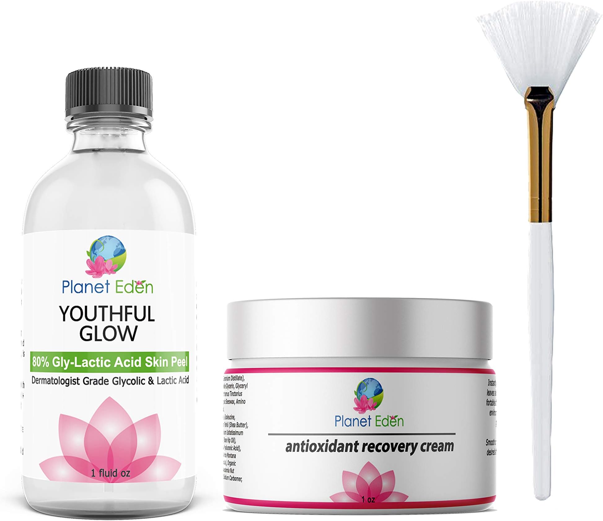 Planet Eden 80% GlyLactic Skin Chemical Peel - Glycolic & Lactic Acid Powerhouse Duo with Anti Aging Antioxidant Recovery Cream & Fan Brush - Intense Anti Aging Treatment