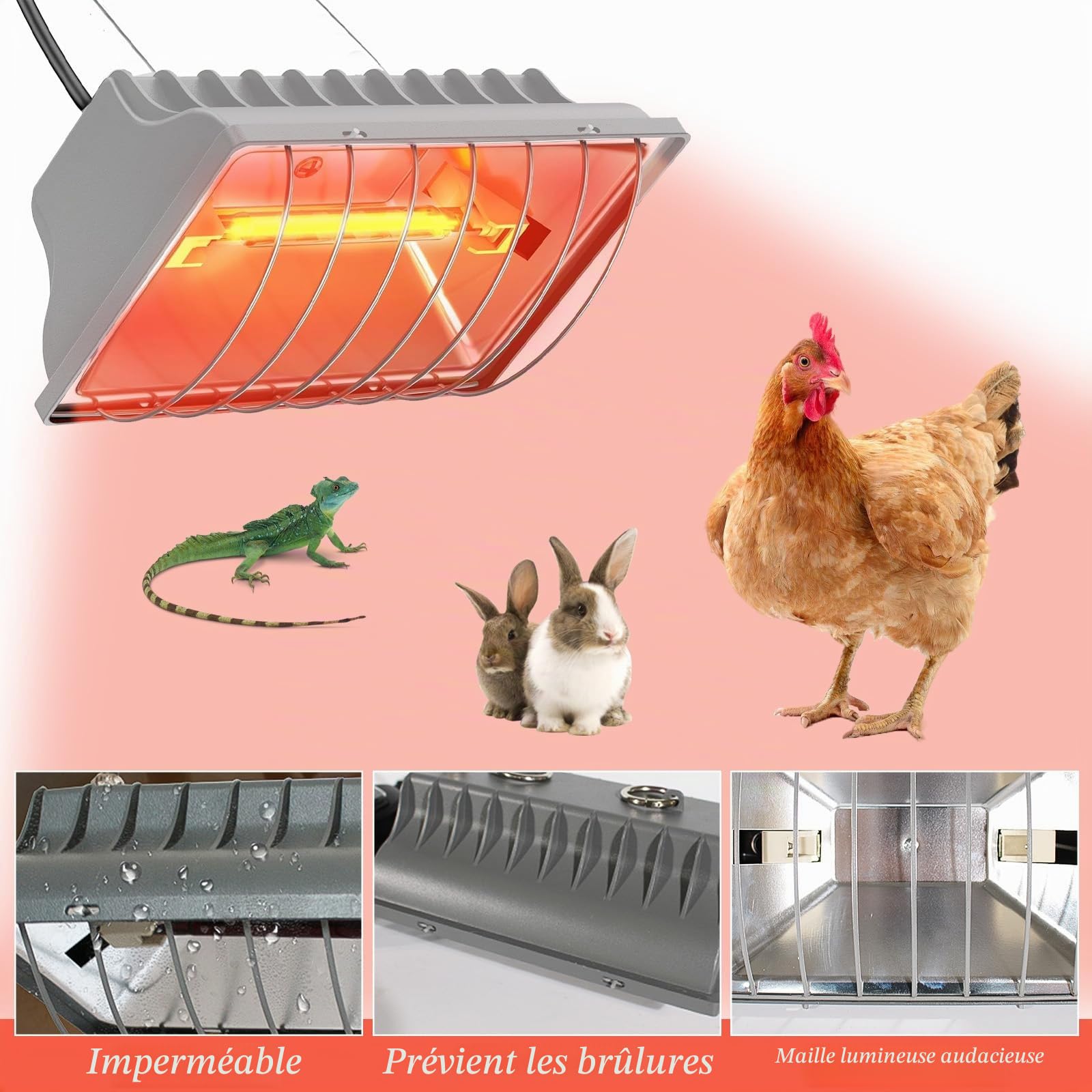 Chauffant Poussin, 250W Chauffage Pour Poulailler avec interrupteur économique, câble d'alimentation 1.8m, lampe infrarouge thermostatique automatique pour poulets, canards, chiots, animaux d'élevage