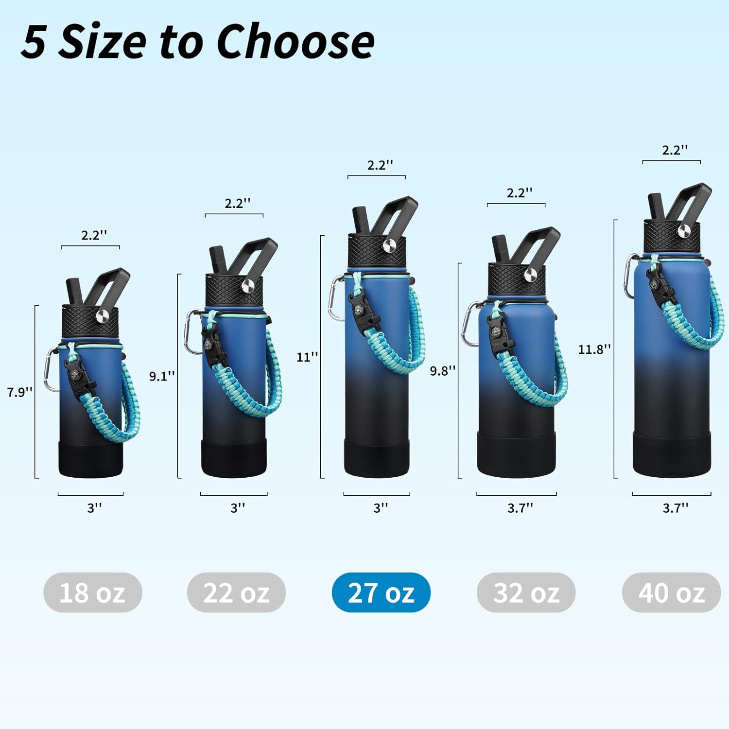 BJPKPK 27oz Insulated Water Bottles with 3 Lids, Paracord Handle & Non-slip Boot,Stainless Steel Water Bottle with Straw, BPA Free Leak Proof Thermal Flasks,Tumblers,Blue Black - Image 5