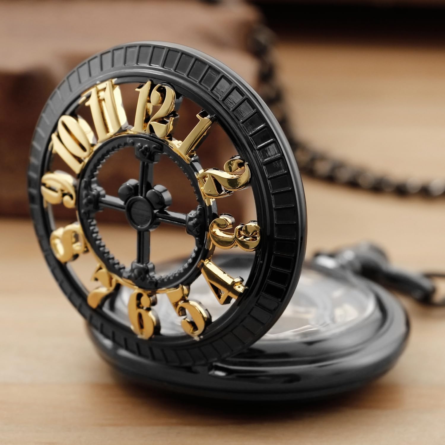 Tiong Orologio da tasca meccanico nero con numeri arabi, movimento meccanico da uomo, quadrante con numeri arabi, orologio da tasca con apertura singola