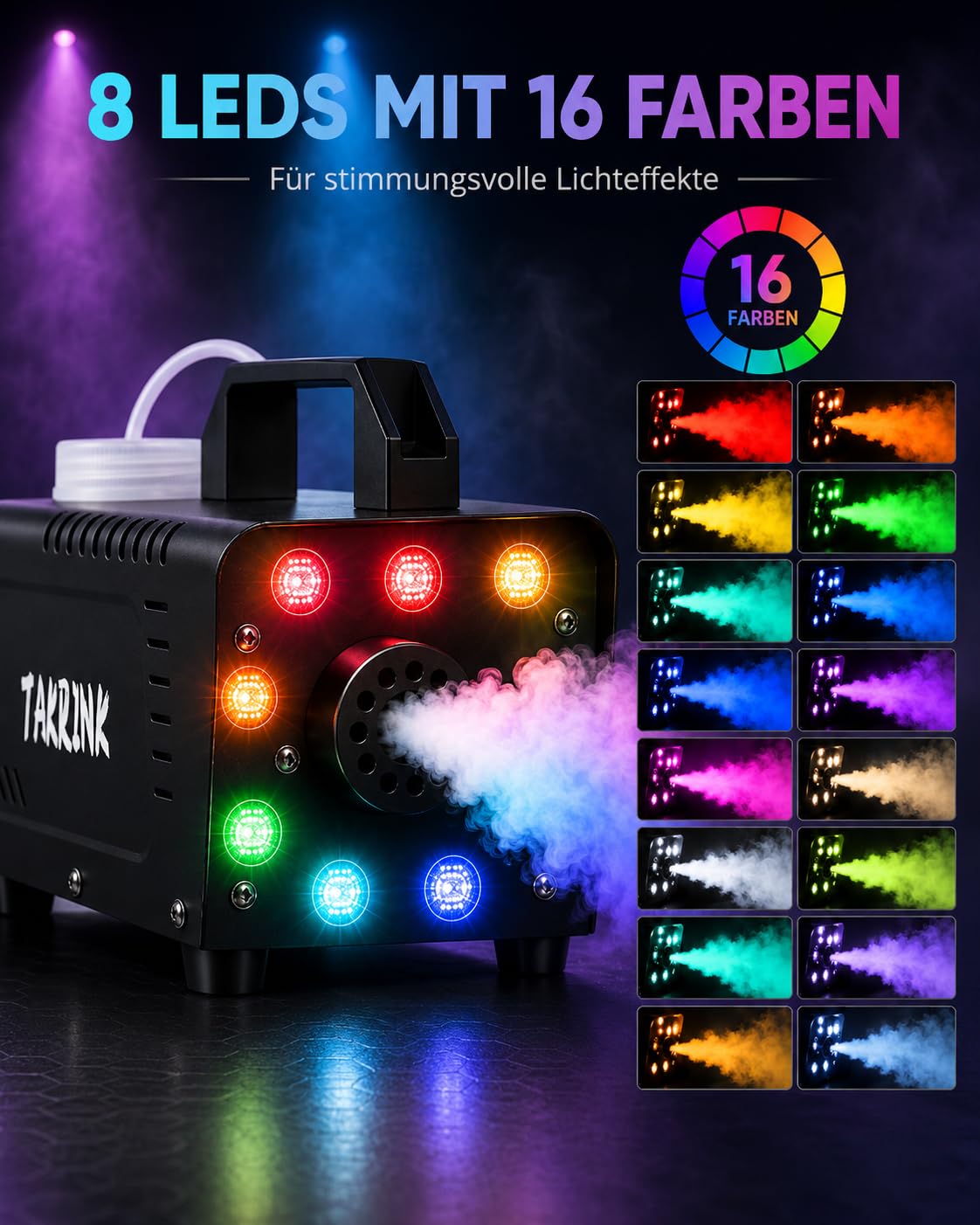 TAKRINK 900W Nebelmaschine Rauchmaschine Nebel Maschine 16 Farben RGB Lichteffekt Mini Nebelmaschine mit Fernbedienung für DJ Disco Party, Hochzeiten, Halloween und Bühnenshows(Standard) | 8 LED RGB 16 Farben Rauch Effekt Licht 0,3 L Tank und Fernbedienun
