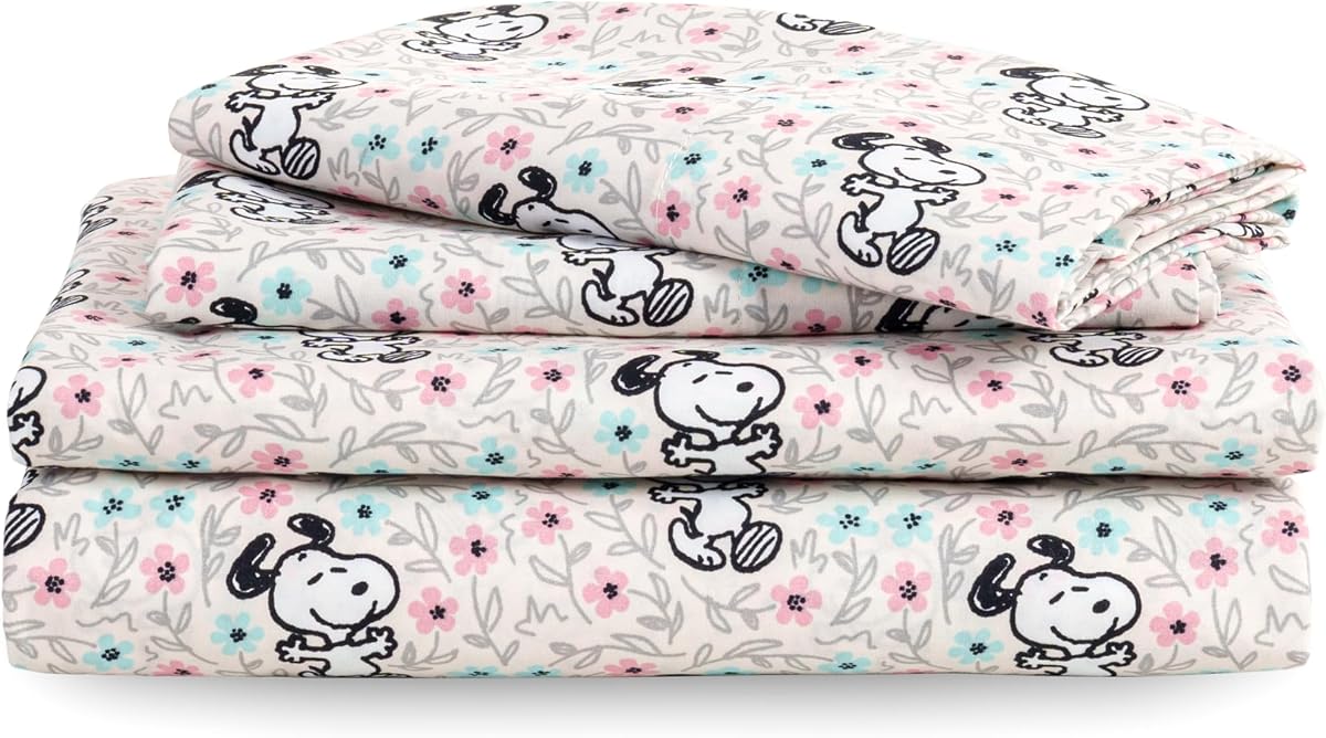 Berkshire Peanuts® Sheet Set Queen Size - 4 Pieces,Cute Character Snoopy Printed Soft Microfiber Bed Sheets,Mini Snoopy Spring Floral Happy Dance Soft Grey