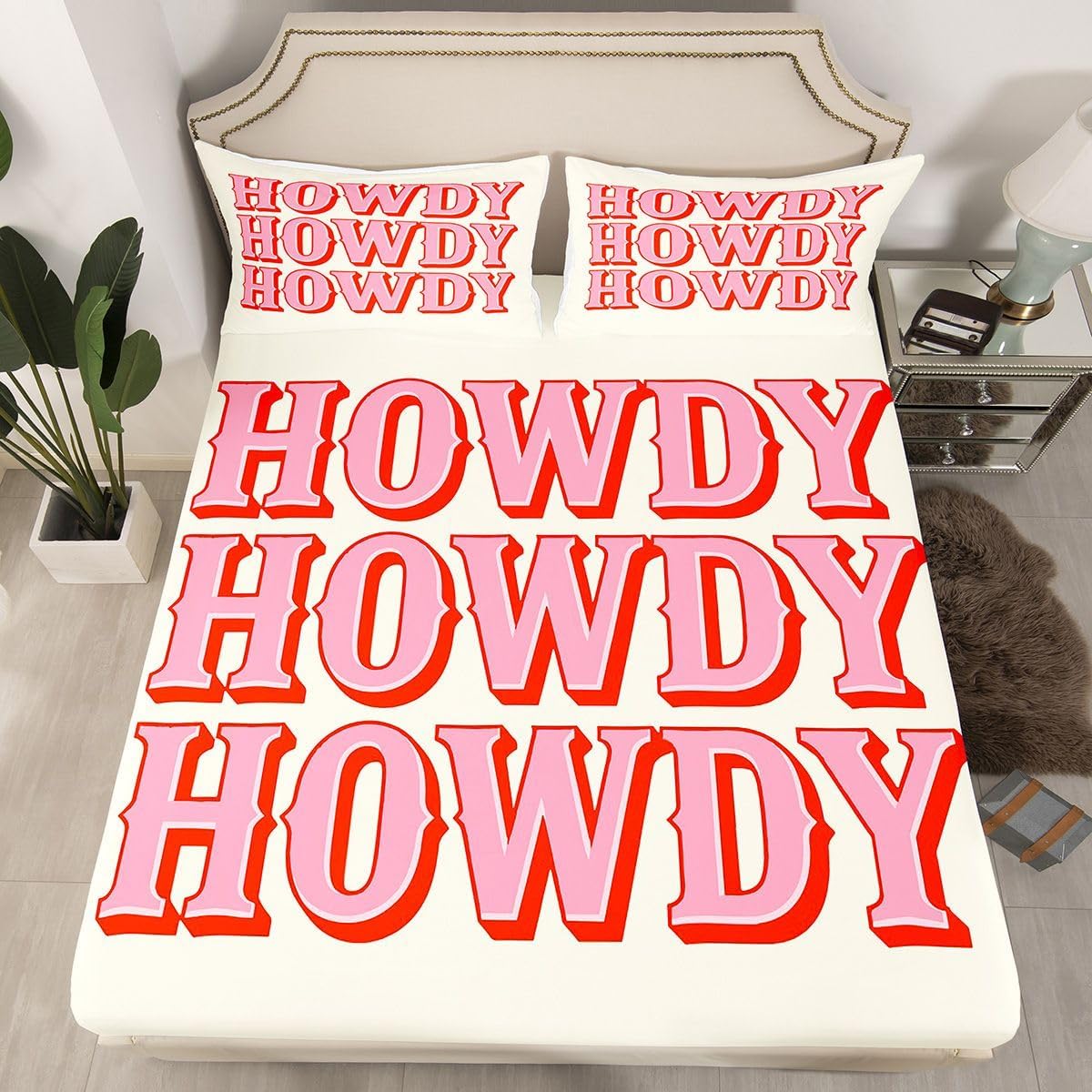 Printed Bed Sheet Set Abstract Words Fitted Sheet for Kids Boys Children Vintage Bedding Set Ultra Soft Decor Modern Art Pink Bedspread Cover Full Size with 2 Pillow Case