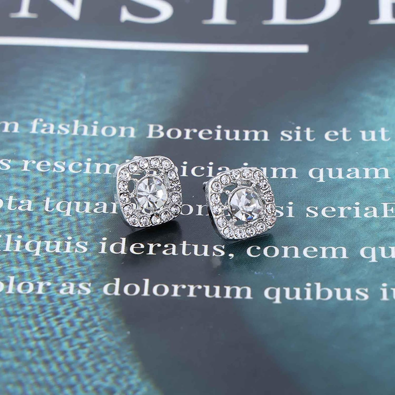 Vintage Square Cubic Zirconia Earrings Round Crystal Stud Earrings Silver Square Halo Earrings Pave Rhinestones Earrings Sparkle Halo Crystal Earrings Jewelry for Women - Image 7