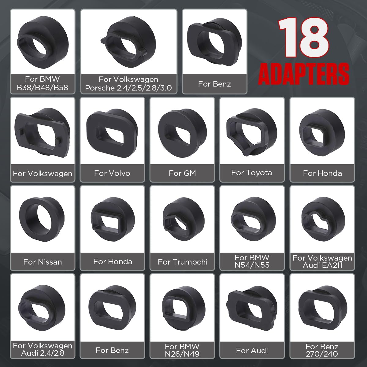 18 piezas de adaptadores para chorreadora de cáscara de nuez HTS558, aptos para chorreadoras de cáscara de nuez, compatibles con Vw, Volvo, Toyota, Honda, Nissan,BMW