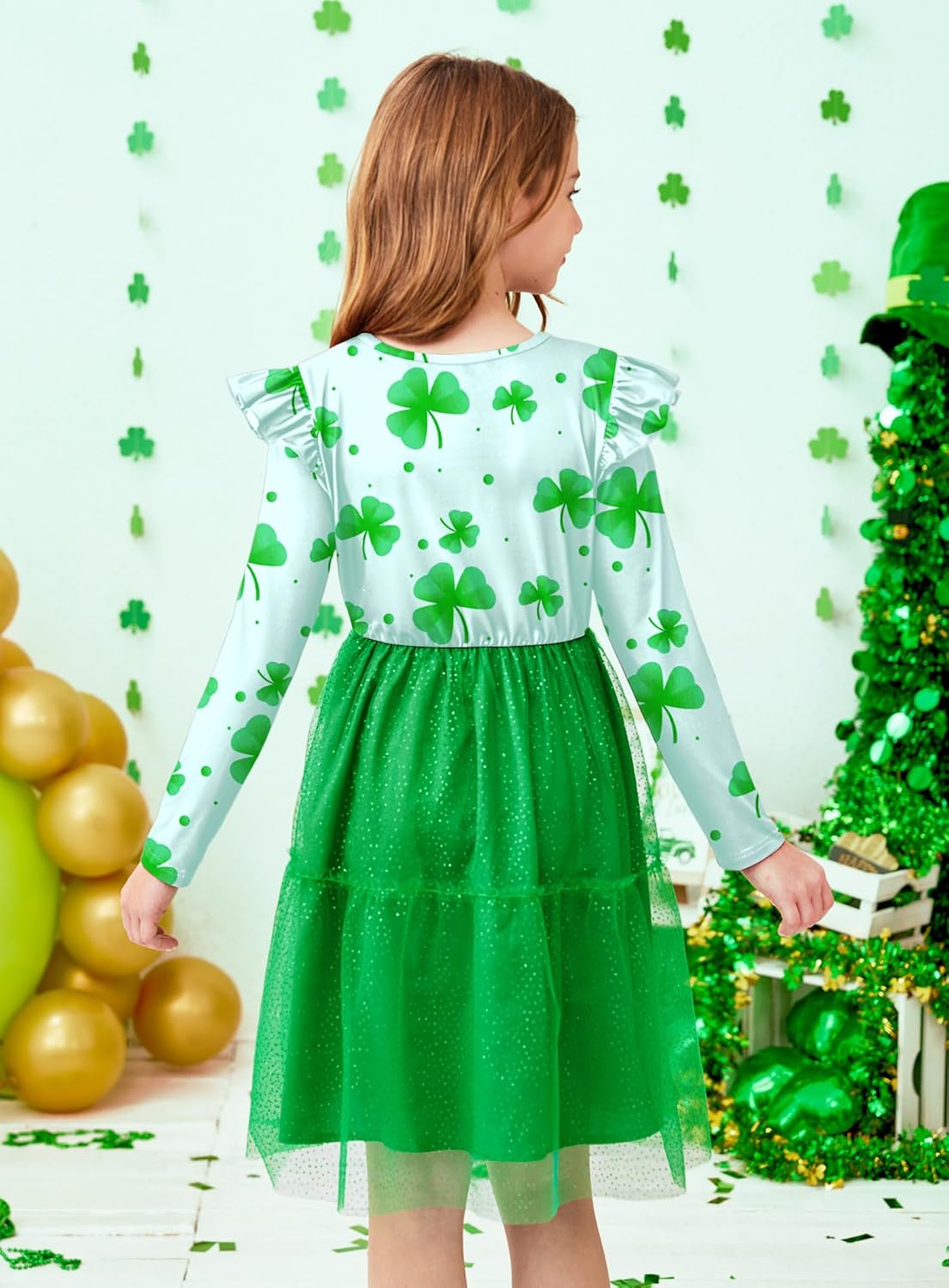 Girls St.Patrick's Day Irish Clover Print Tulle Hem Dress Lucky Shamrock Tutu Dresses 4-12 Years - Image 6