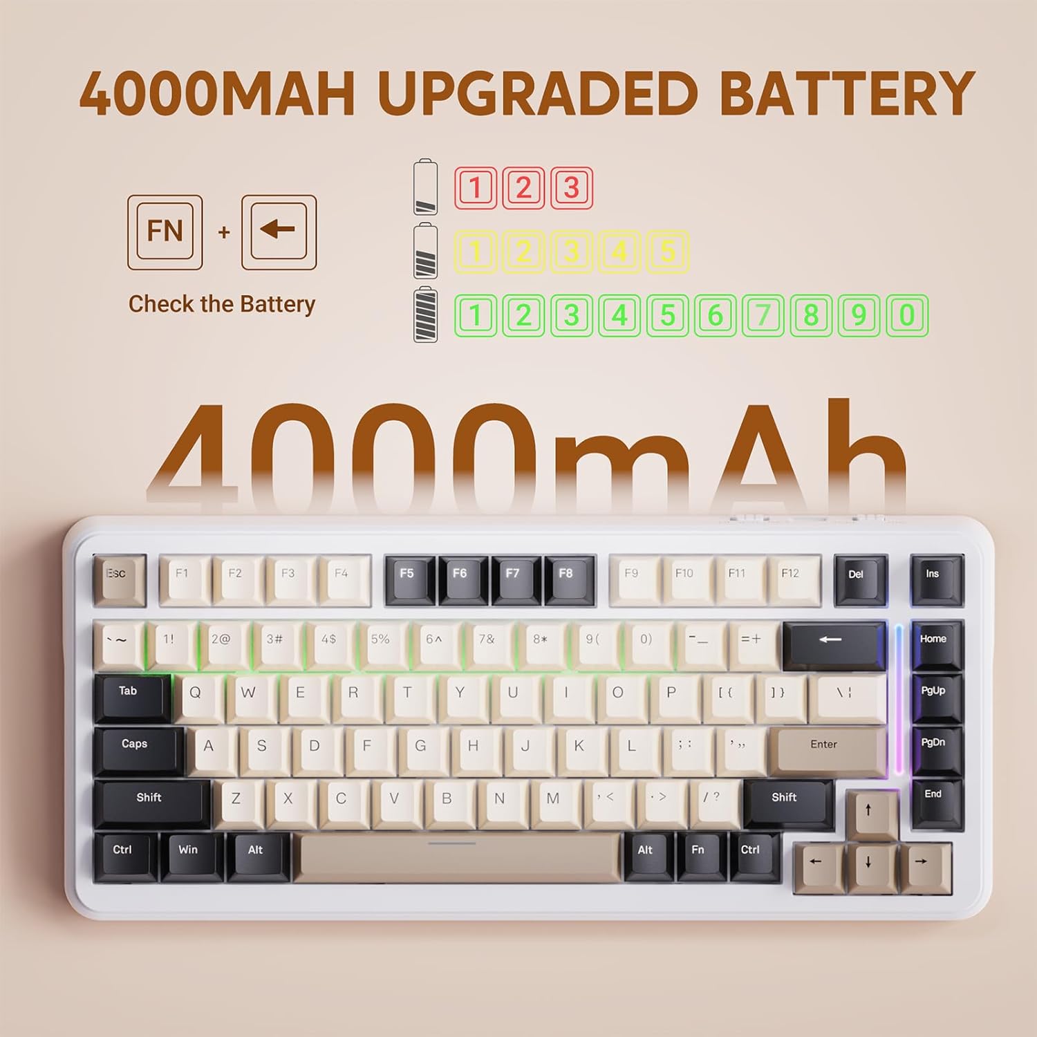 Diagram illustrating the 4000mAh battery and how to check its level using FN + Left Arrow key combination