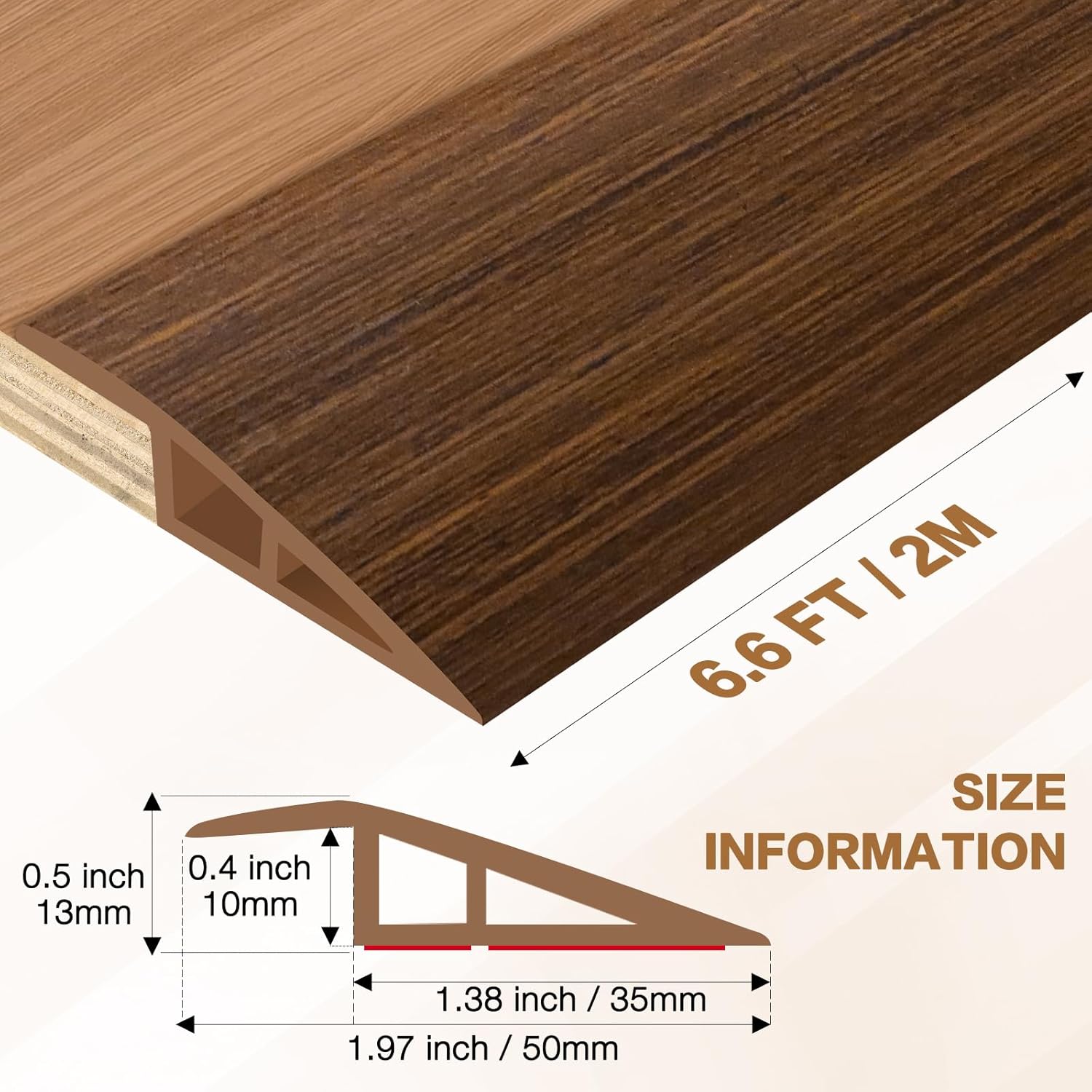 Floor Transition Strip Vinyl Door Threshold Ramp Self Adhesive Carpet Edging Strip Doorway Edge Trim, Overlap Edge Reducer for Laminate Carpet, Floor, Tile (Brown Wood Grain, 1/5" to 2/5", 6.6Ft)