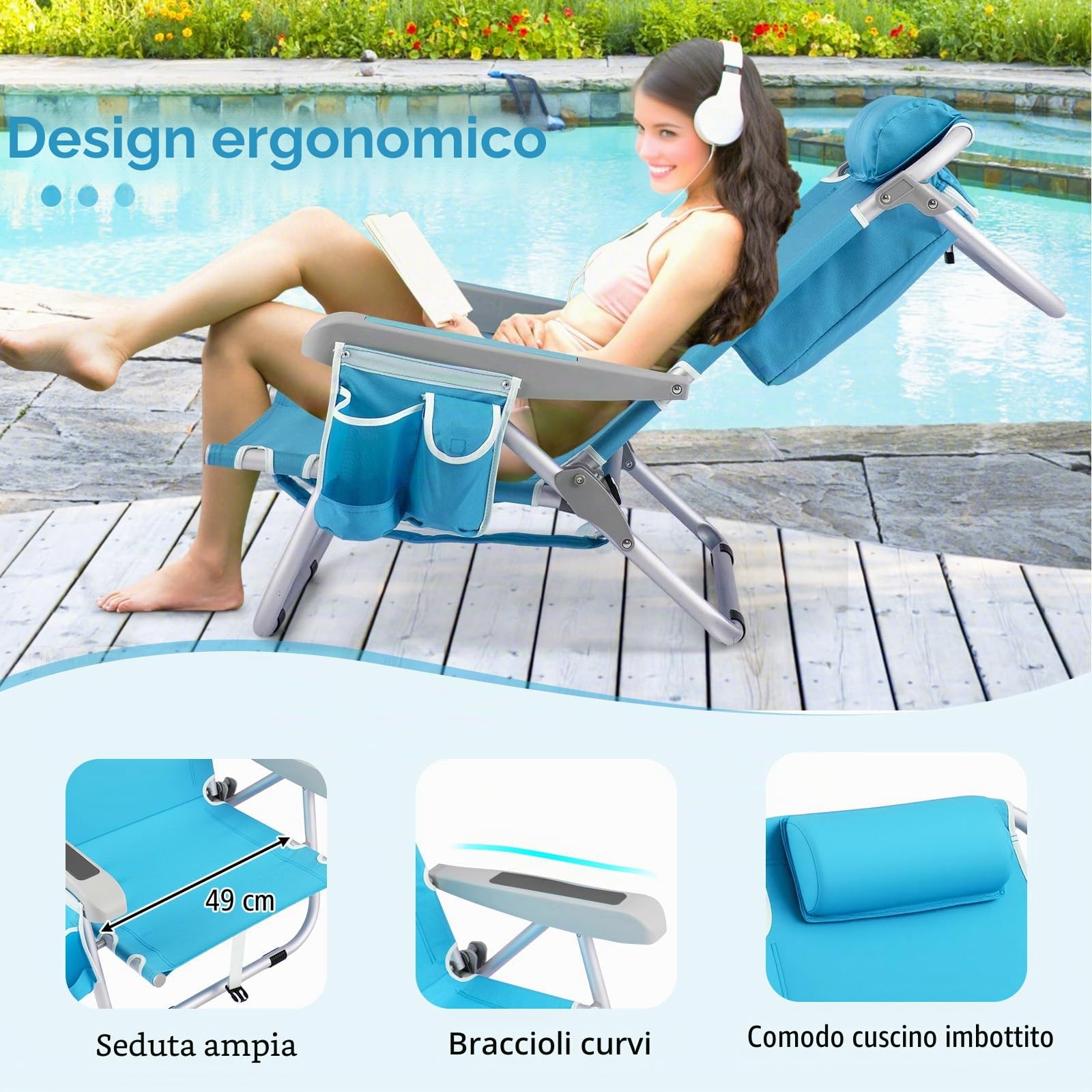 KOMFOTTEU Sedia da Spiaggia Pieghevole, Spiaggina con Schienale Regolabile in 5 Posizioni, Sdraio Mare con Poggiatesta, Lettino Prendisole con Tasca Laterale, Carico 150 kg (Blu*1)