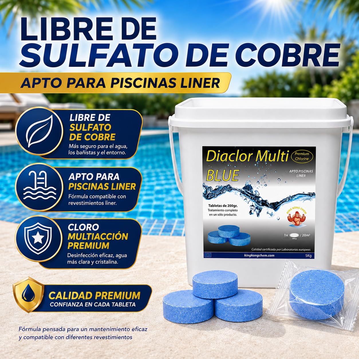 Pastillas de Cloro DIACLOR Multi Blue 200 gr 5 KG Extra clarificante - Envasado Individual - 25 Pastillas de Cloro Multiacción (Pastilla 200 gr - Diámetro 7,5 cm) – SIN Cobre