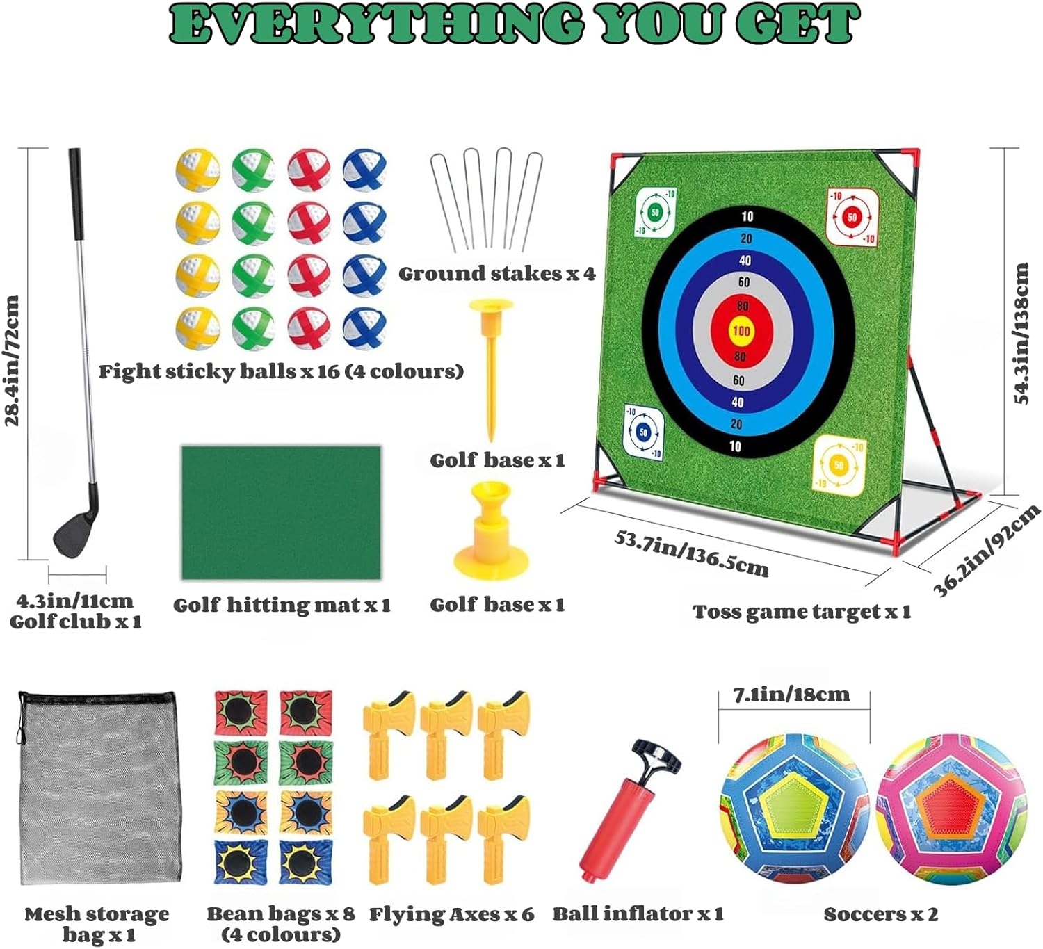 Golf Chipping Game with Stand, 4 in 1 Battle Golf Game with Putting Mat, 16 Sticky Balls, 8 Bean Bags, 6 Axes, 2 Soccer Balls, Indoor Outdoor Chip Sticky Practice Set for Teen & Adult