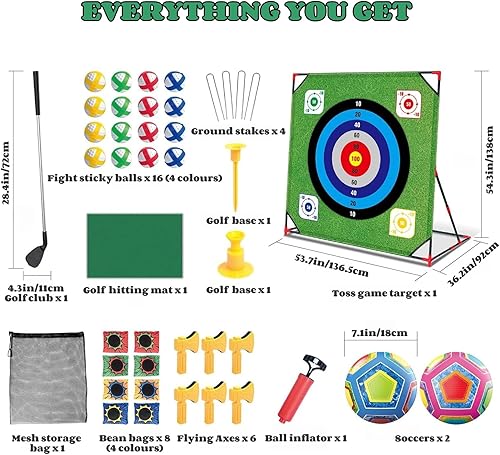 Miniatura 6 de Juego de astillado de golf con soporte, juego de golf de batalla 4 en 1 con alfombrilla de puting, 16 bolas adhesivas, 8 bolsas de frijol, 6 hachas,