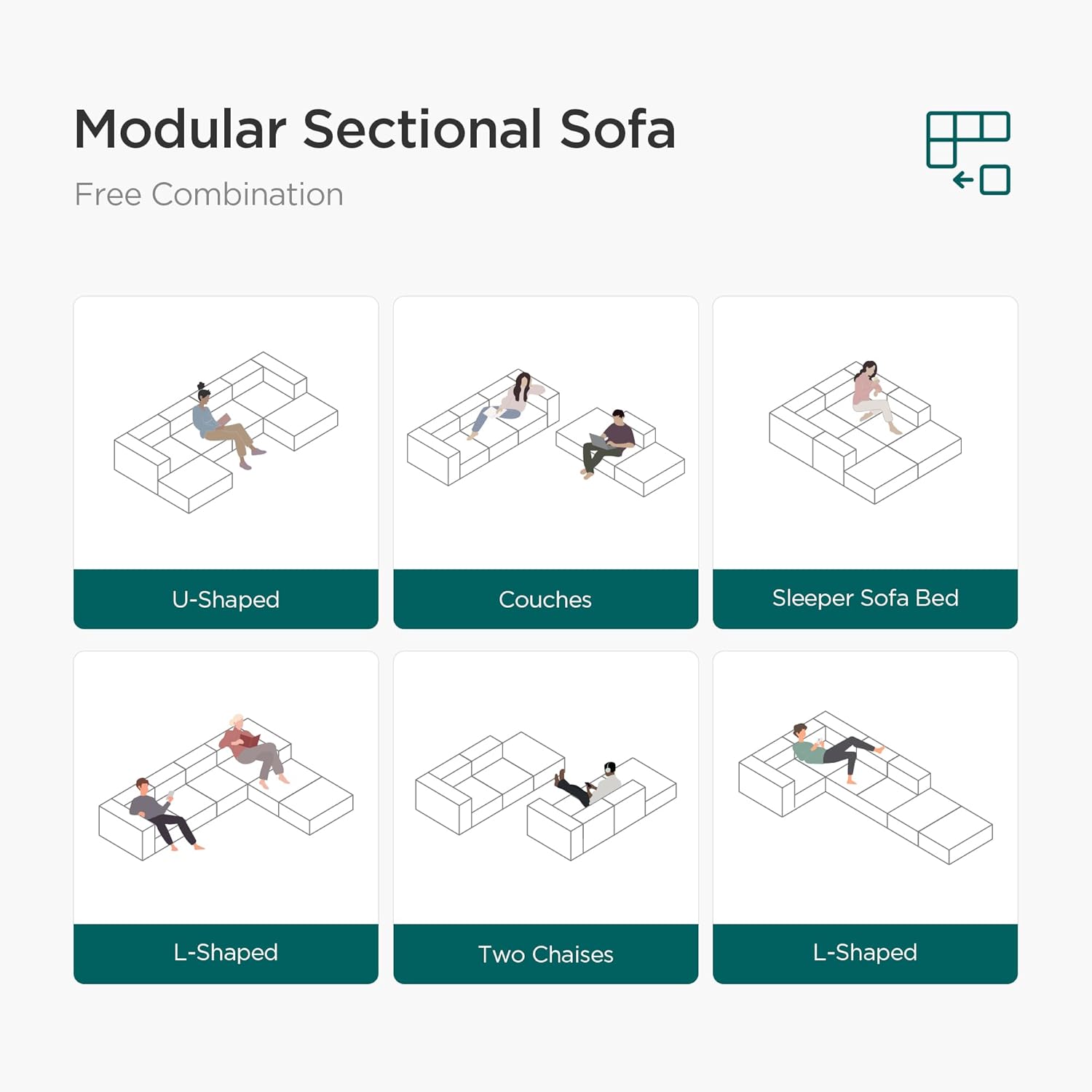 Acanva Convertible Modular Sectional Sofa with Movable Ottomans, Free Combination Corduroy Couch for Living Room Apartments, L-Shaped, Black