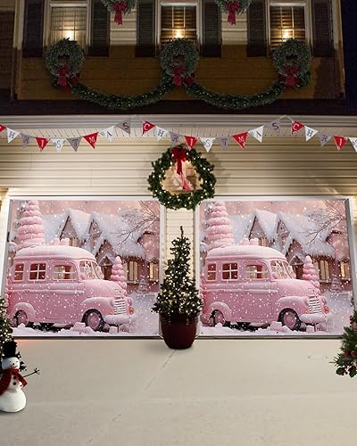 Miniatura 3 de Cubierta de cartel de Navidad rosa para puerta de garaje, decoración colgante de puerta de garaje, camión rosa de Navidad, copos de nieve de