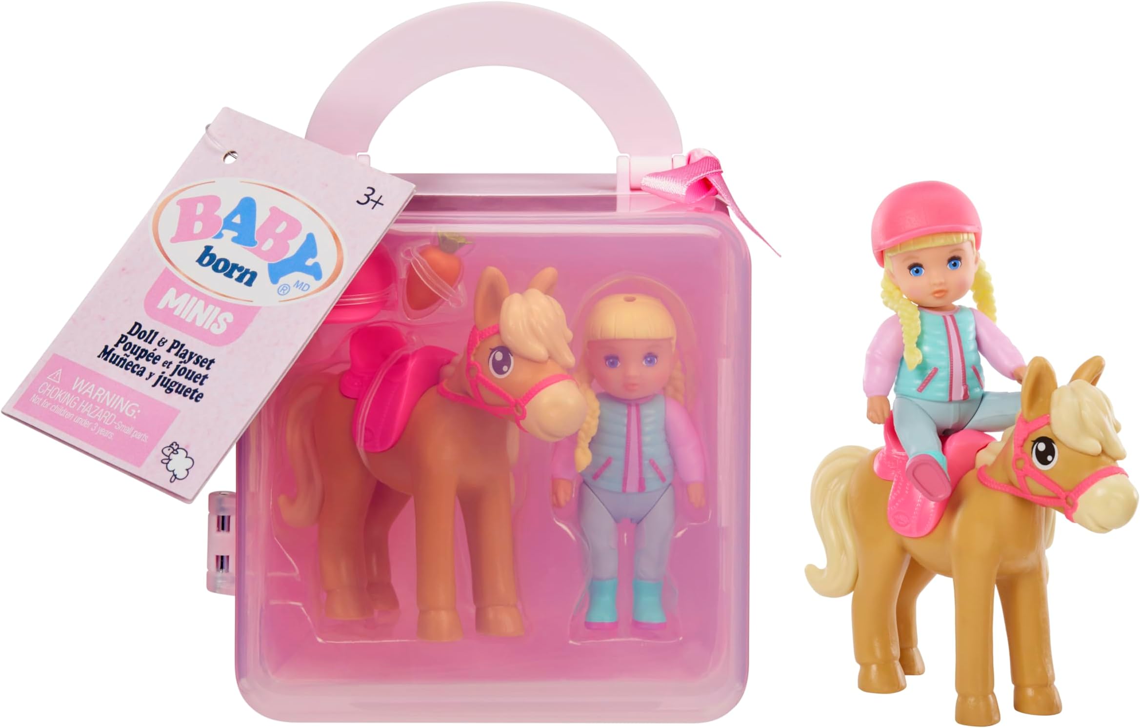 BABY bornMINIS Playset - Light Skin Tone Doll with Blue Eyes, Horse with Helmet & Carrot Accessory, Includes Reusable Carrying Case for On-The-Go Playtime