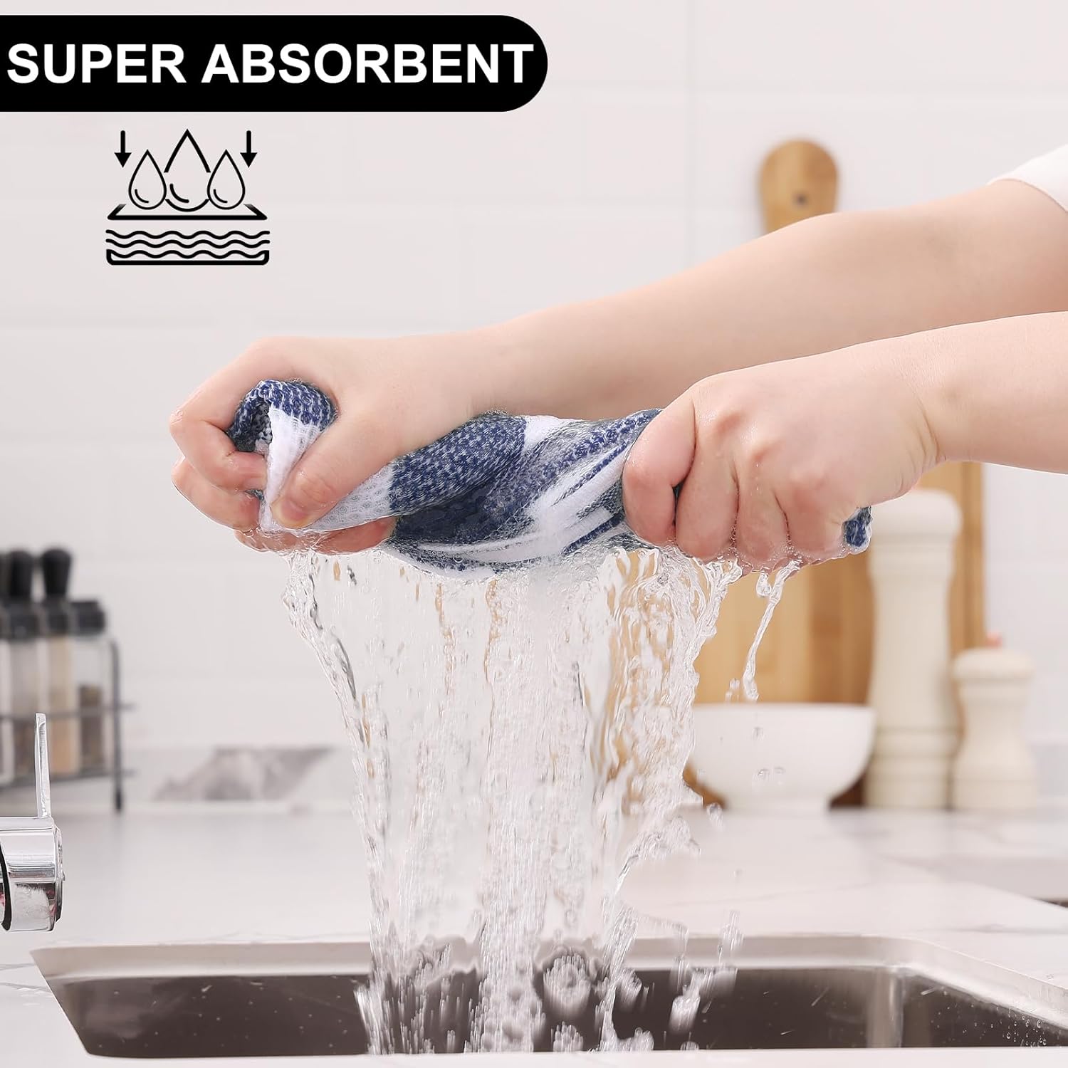 Homaxy Kitchen Towels and Dishcloths Set, 12 x 12 and 13 x 28 Inches, Set of 8 100% Cotton Waffle Weave Check Plaid Kitchen Dish Towels, Super Soft and Absorbent Dish Cloths, White & Navy Blue - Image 3