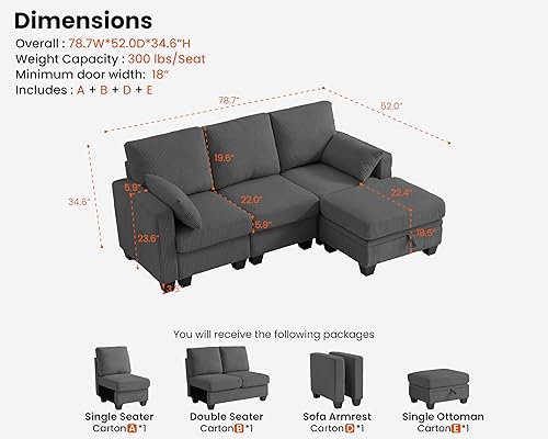 Miniatura 2 de CHIC HOUSE Sofá modular de pana con diván otomano, sofá cama en forma de LU para sala de estar, apartamento, salón, moderno reposabrazos y muebles