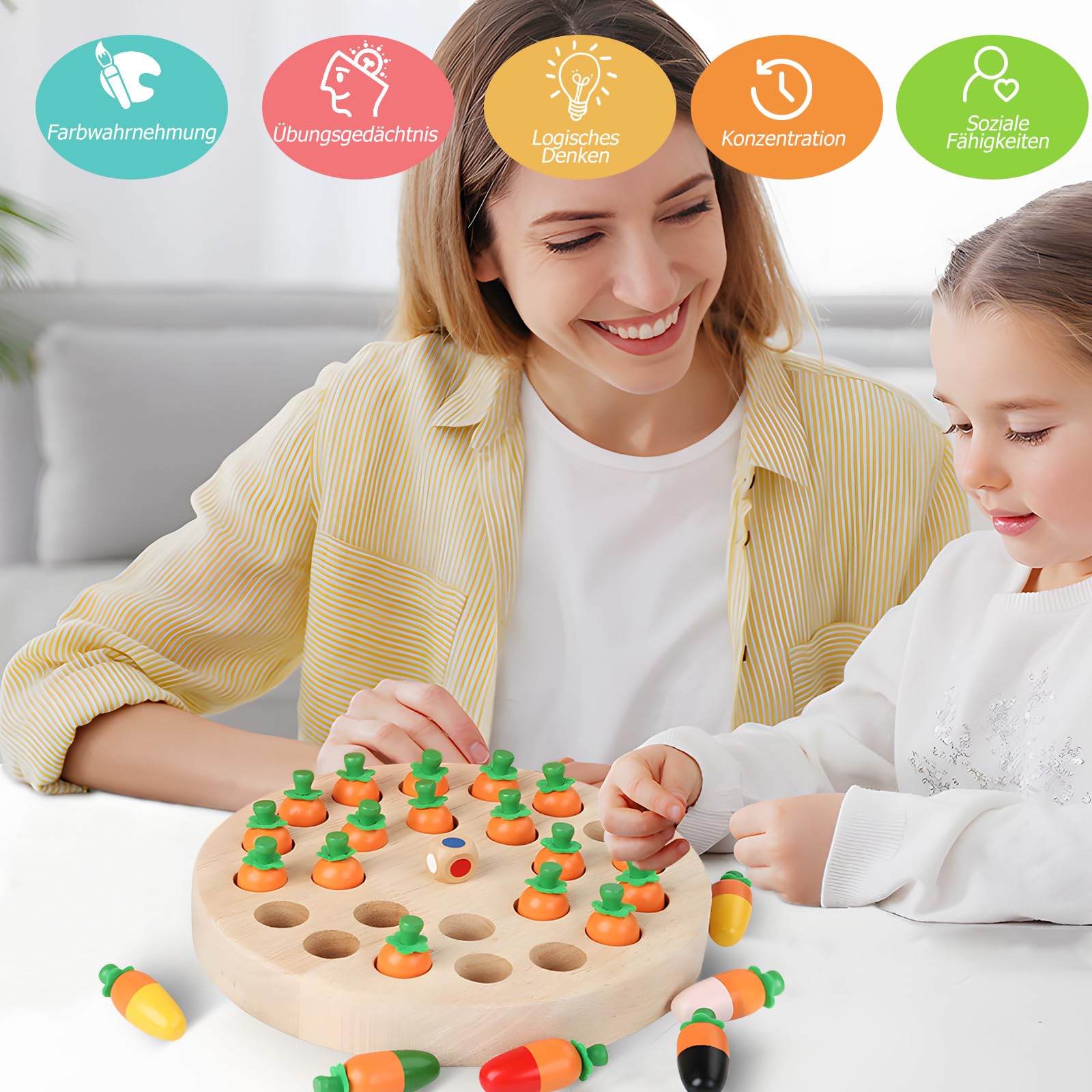 Jeu De Mémoire Carotte En Bois – Jouet Montessori 3 4 5 Ans – Échecs Logique Éducatif Enfant & Famille
