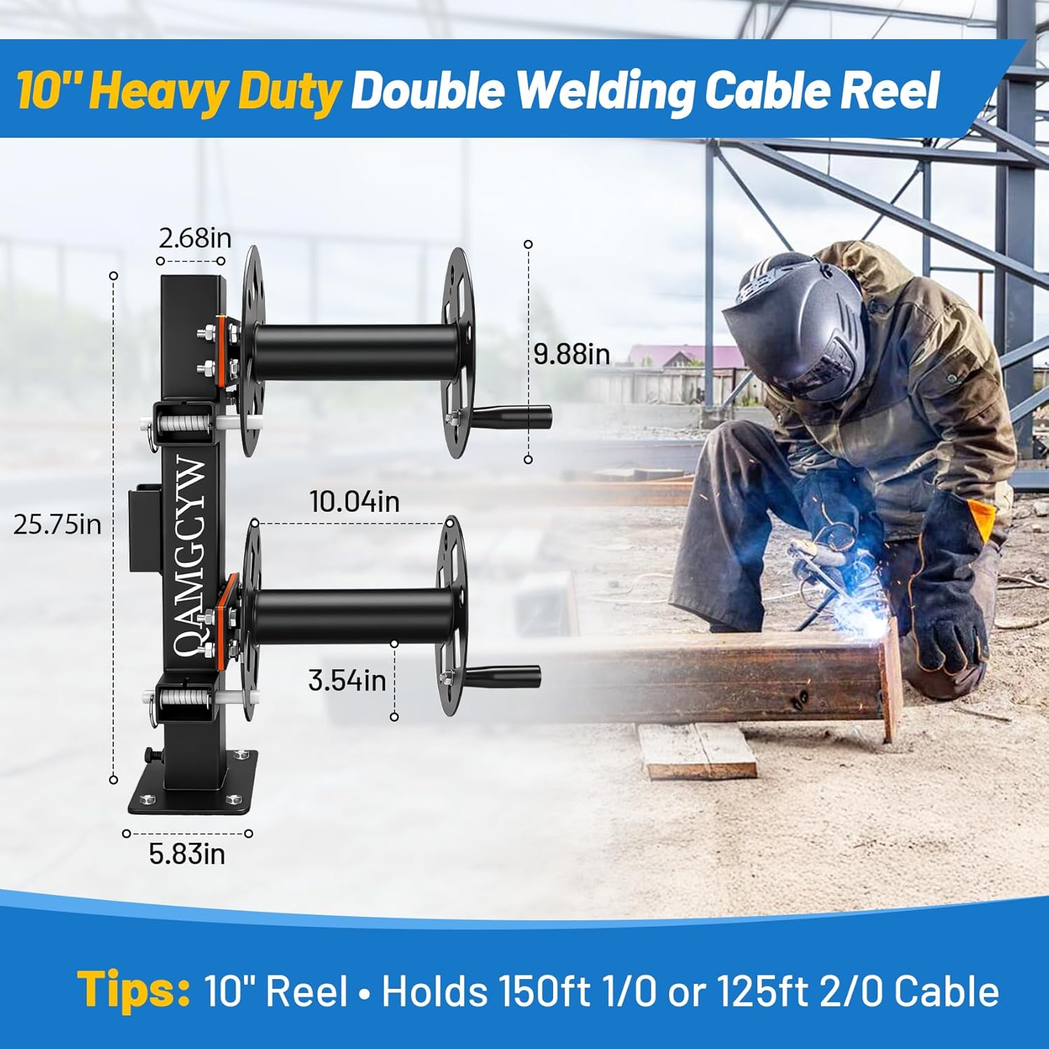 𝑼𝒑𝒈𝒓𝒂𝒅𝒆 Heavy Duty Double Welding Lead Reel, 360° Swivel Base Cable Lead Reel, Welding Reels with Insulated Sealing Gaskets & Screws No Leaks No Shorts, Fits 150ft 1/0 or 125ft 2/0 Cable