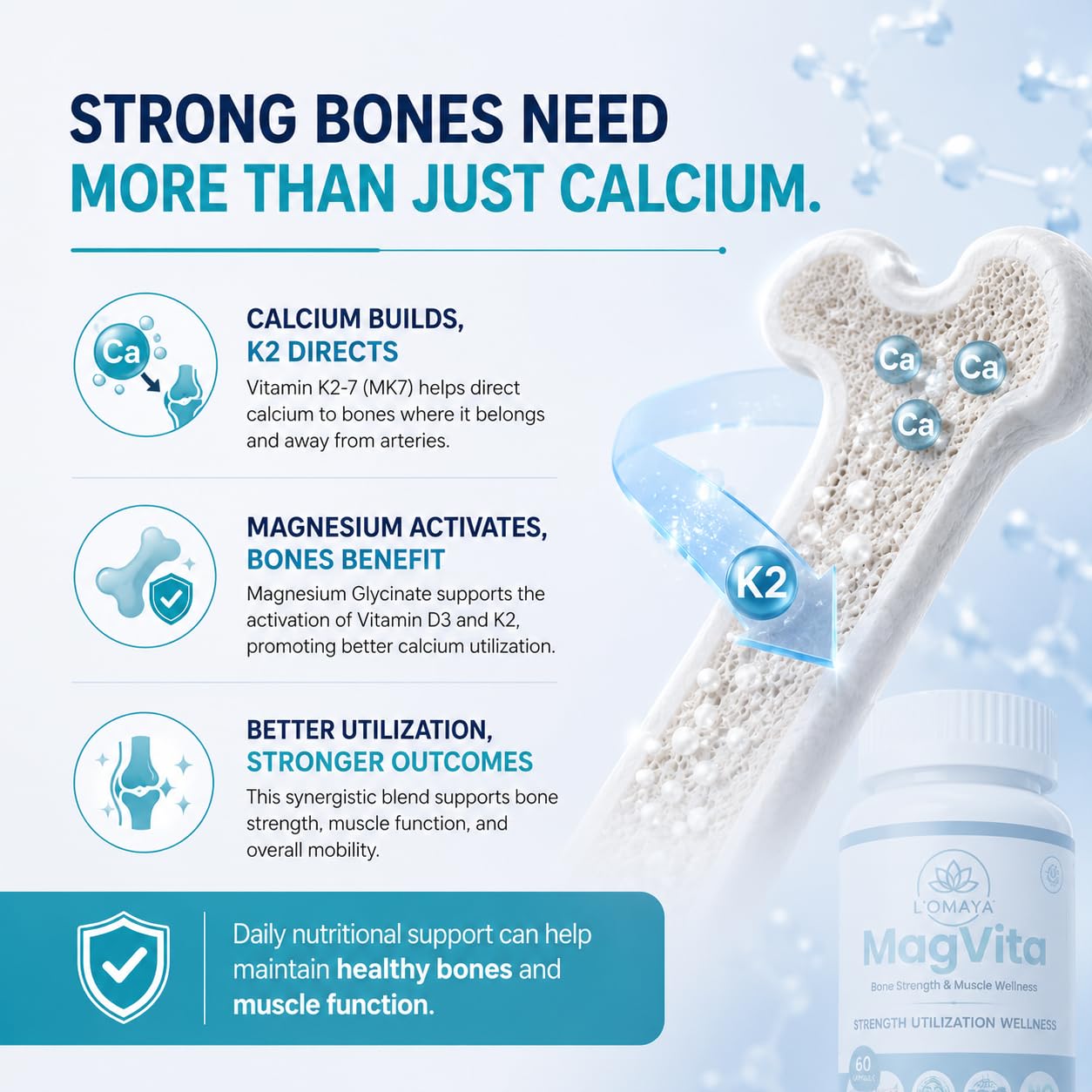 L'Omaya MagVita Magnesium Glycinate with Vitamin D3 & K2-7 MK7 | Bone Strength, Muscle Function & Calcium Absorption Support | Magnesium Supplement for Bones & Muscles | 60 Capsules (Pack of 1) — Amazon image 8