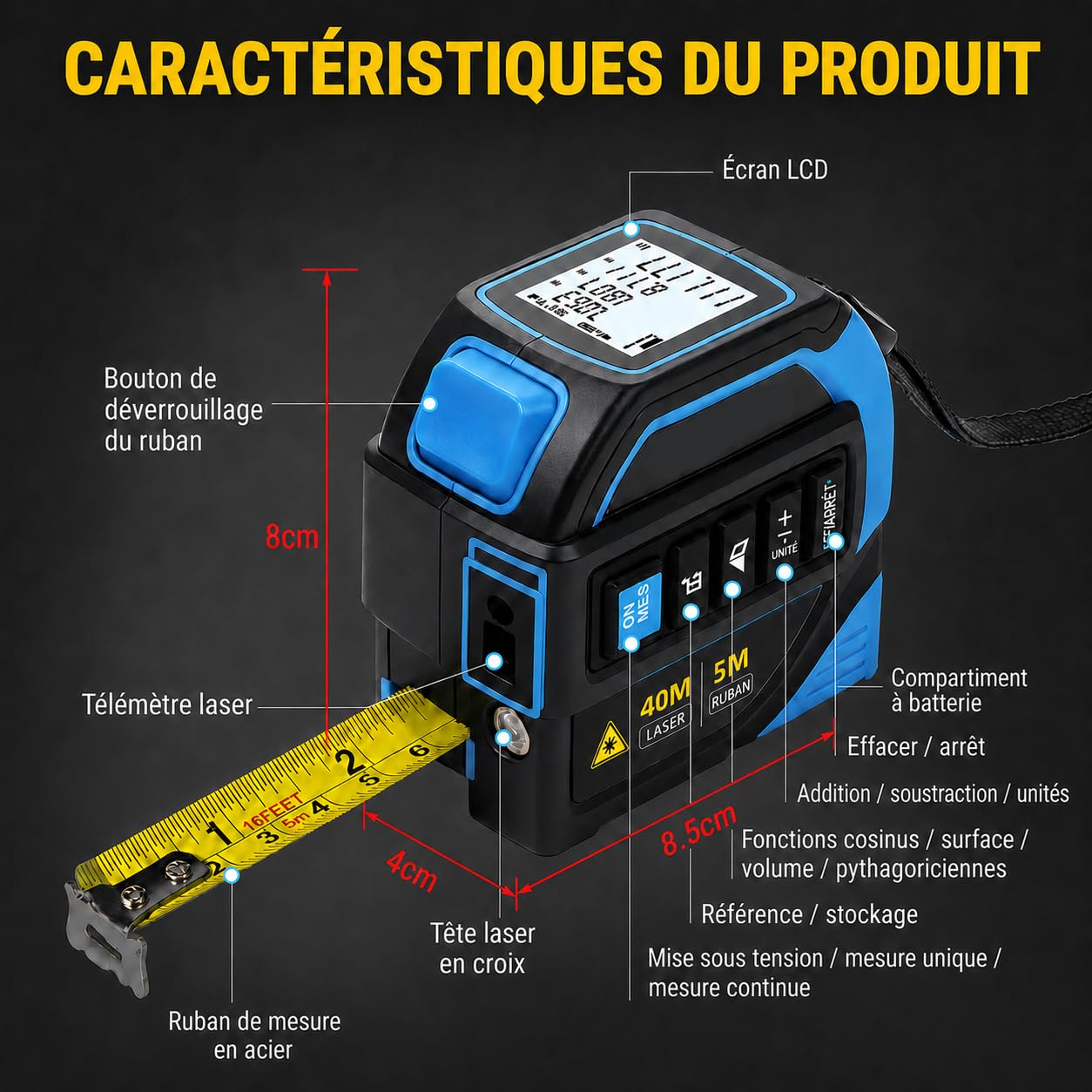 Ruban à Mesurer Laser 4 en 1, 40m Telemetre Laser + 5m Metre Ruban, 16m Ligne Croisée et Trépied, Grand Écran LCD (m/ft/in), pour Bricolage, BTP, Professionnels