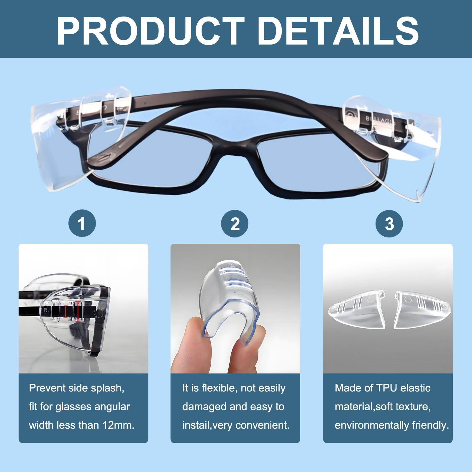 4 Pairs Side Shields, Safety Glasses Side Shields, Shields Slip on Clear Side Shields, Flexible Slip on Side Shield, Added More Protection to Eyes, Suitable for lens legs up to 12mm wide(Transparent) - Image 3