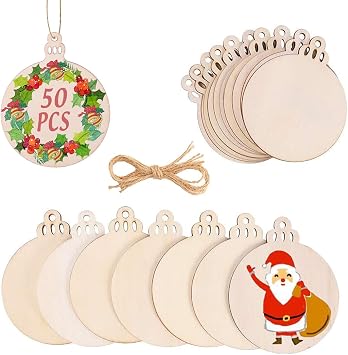 BESPMOSP 50PCS Unfinished Wooden Circles with Holes Round Christmas Ornaments for Crafts Wood Circles for Crafts Hanging Decorations Wood Discs DIY Wooden Christmas Crafts to Paint