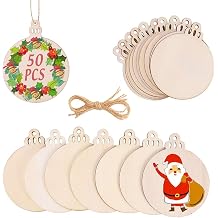 BESPMOSP 50PCS Unfinished Wooden Circles with Holes Round Christmas Ornaments for Crafts Wood Circles for Crafts Hanging Decorations Wood Discs DIY Wooden Christmas Crafts to Paint