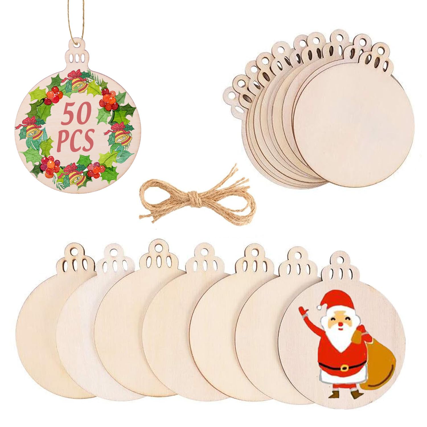 50PCS Unfinished Round Wooden Christmas Ornaments - Baubles, Tree Decorations, Wood Slices for DIY Crafts, Discs to Paint