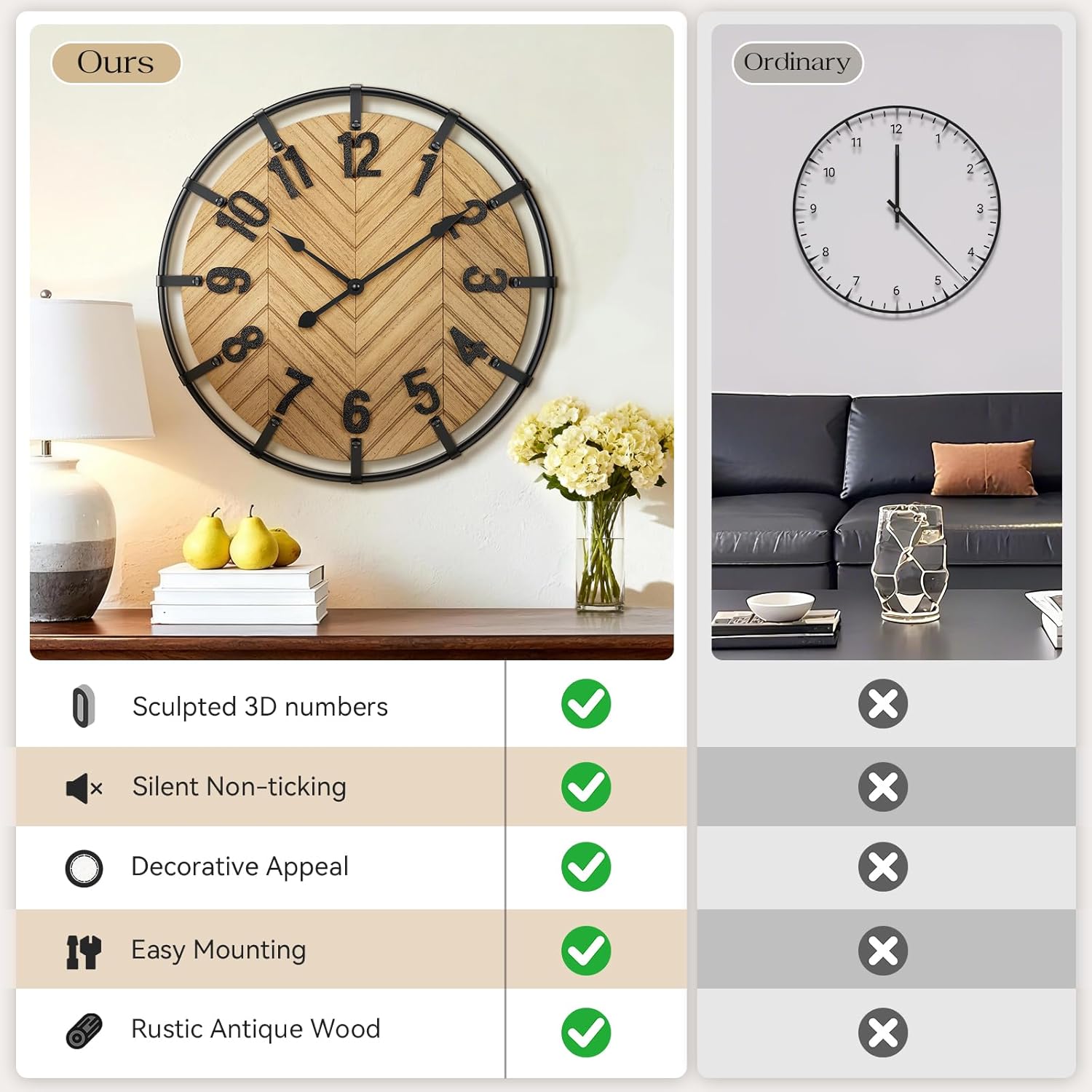 Large Wall Clock, 24" Wood Big Wall Clocks for Living Room Decorative, Farmhouse Wall Clock Battery Operated with 3D Arabic Numerals, Completely Silent for Bedroom, Kitchen Decorative