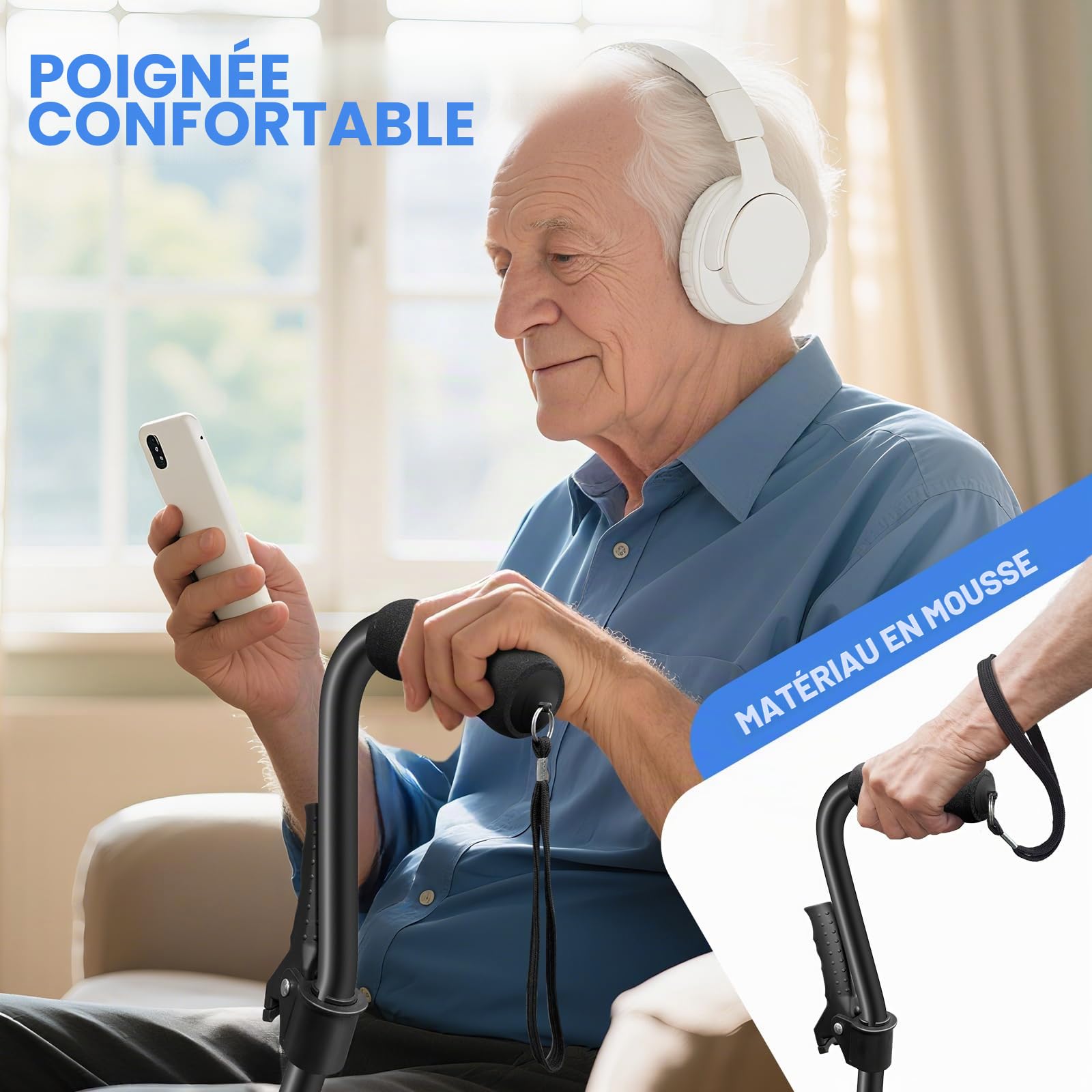 AearKing Canne de Marche, Canne de Marche Pliante avec Base Quadruple, Cannes de Marche pour Homme et Femme avec Double Poignée pour Adultes, Bâton de Marche Réglable en Hauteur