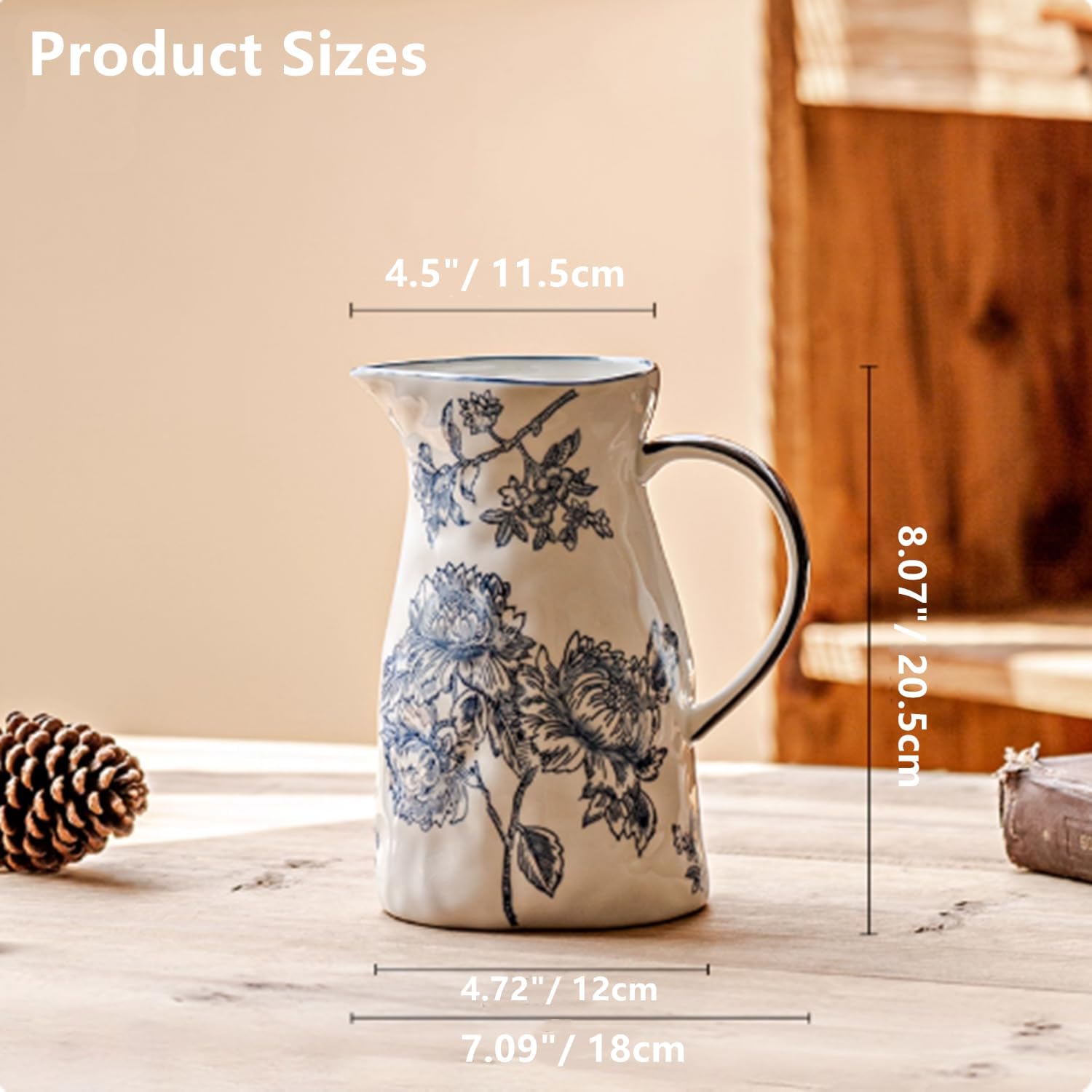 Ceramic Blue and White Vase with Handle, Decorative Chinoiserie Flower Vase, Vintage Floral Blue Vase, Large Blue and White Porcelain Jar Vase for Living Room Bookshelf Office Home Decoration