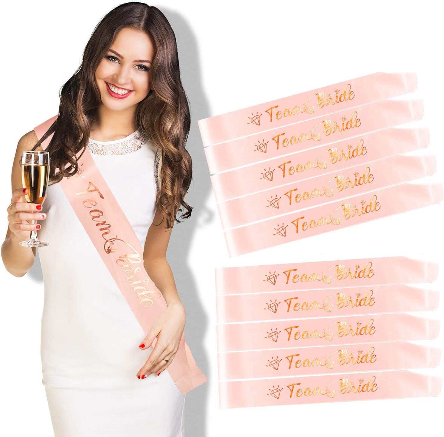 10 Pack Team Bride Sash Satin Bachelorette Sash Rose Gold Foiled Wedding Sash for Hen Party and Bridal Shower Party