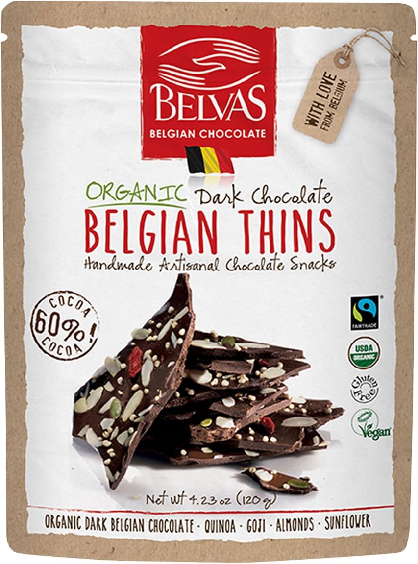 Belvas Belgian Thins Organic Dark Chocolate Snack with 60% Cocoa, Quinoa and Goji - Vegan, Gluten Free, Fairtrade, 4.23 oz. Resealable Bag