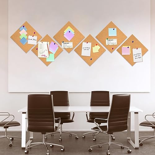 Miniatura 7 de PLULON Paquete de 6 tableros de corcho para pared de 12 x 12 pulgadas, 14 de pulgada de grosor, autoadhesivos, cuadrados, tableros de anuncios con