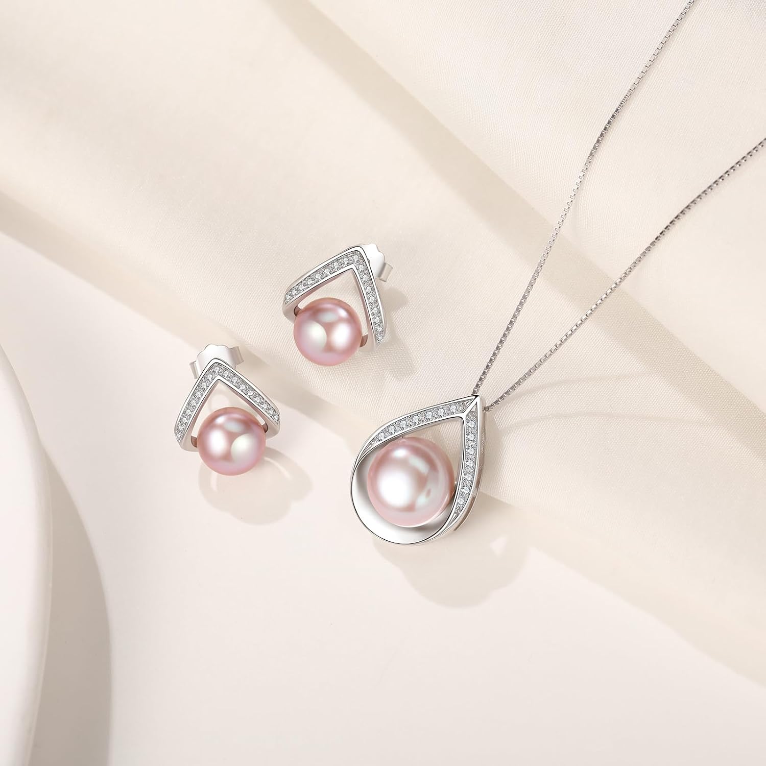 Pearl Necklace and Earrings Set, Saltwater/Freshwater Cultured Pearl Jewelry Set in 925 Sterling Silver - Elegance for Wife, Mom, Girlfriend on Anniversary, Mother's Day, or Birthday - Image 2