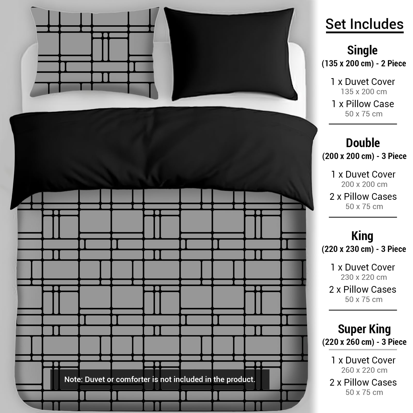 Pamposh 3 Pcs Single Duvet Cover Set with Matching Black Single Fitted Sheet 40 cm Extra Deep Pocket - UltraSoft Breathable Premium Microfibre Reversible Quilt Cover Bedding Set For All Seasons — view 55