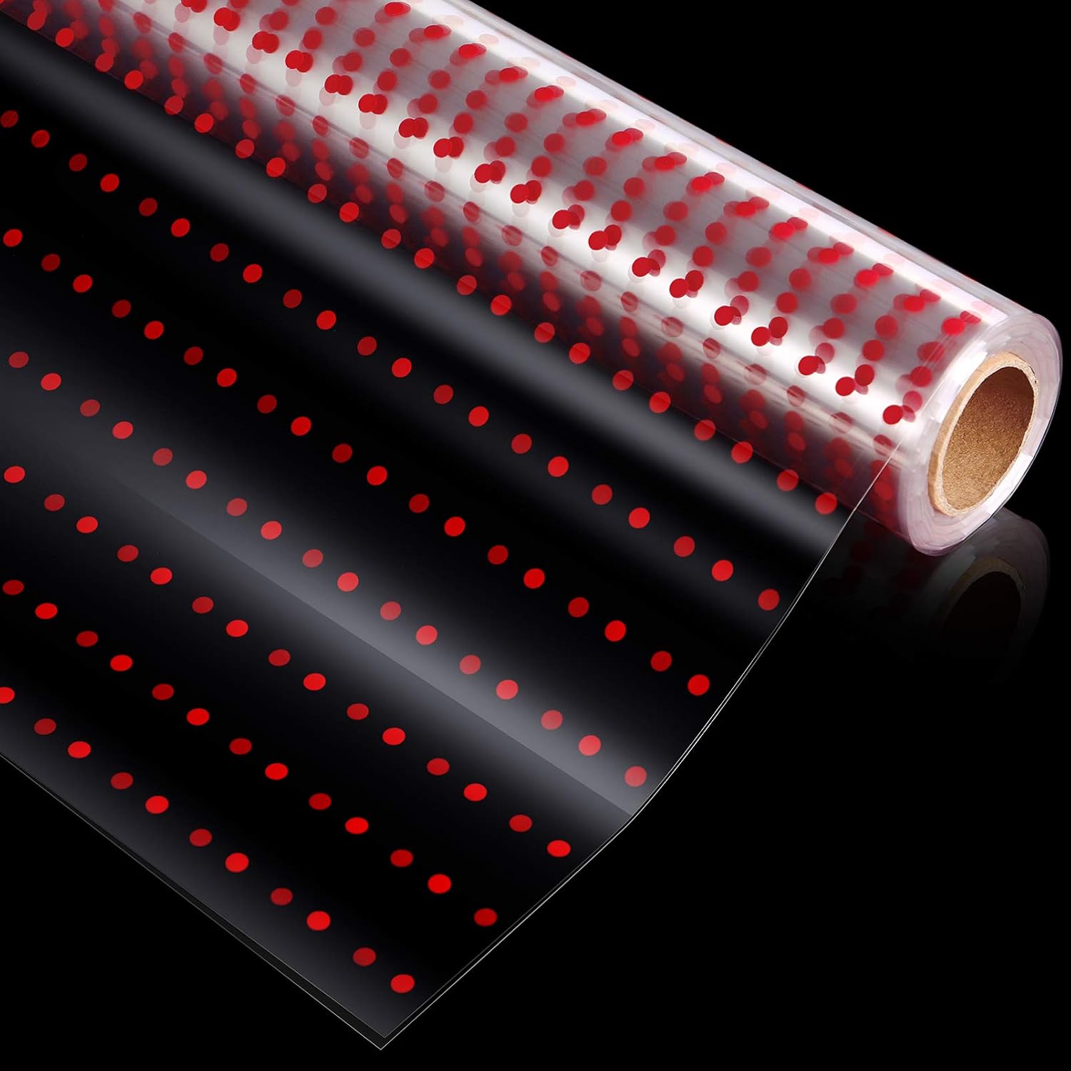 NUOBESTY Red Dots Cellophane Wrap Roll, 1 Pc of 3 Mil Cellophane Treat Bags Clear Red Spotted Flowers Basket Packing Paper Treat Bags- Unfolded Width 32 inch x 100