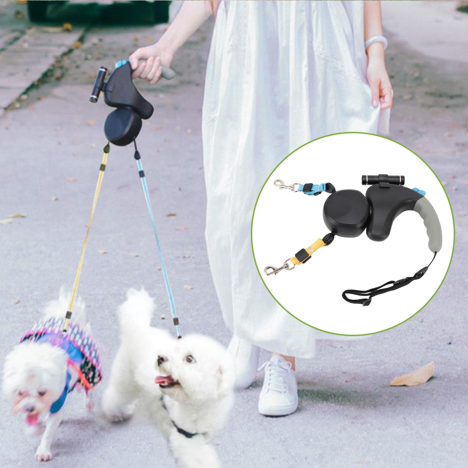 Cryfokt Laisse Rétractable pour 2 Chiens avec Lumière LED pour Promenades Nocturnes en Toute sécurité 3 Mètres pour Petits Chiens Polyester/Plastique (Black)
