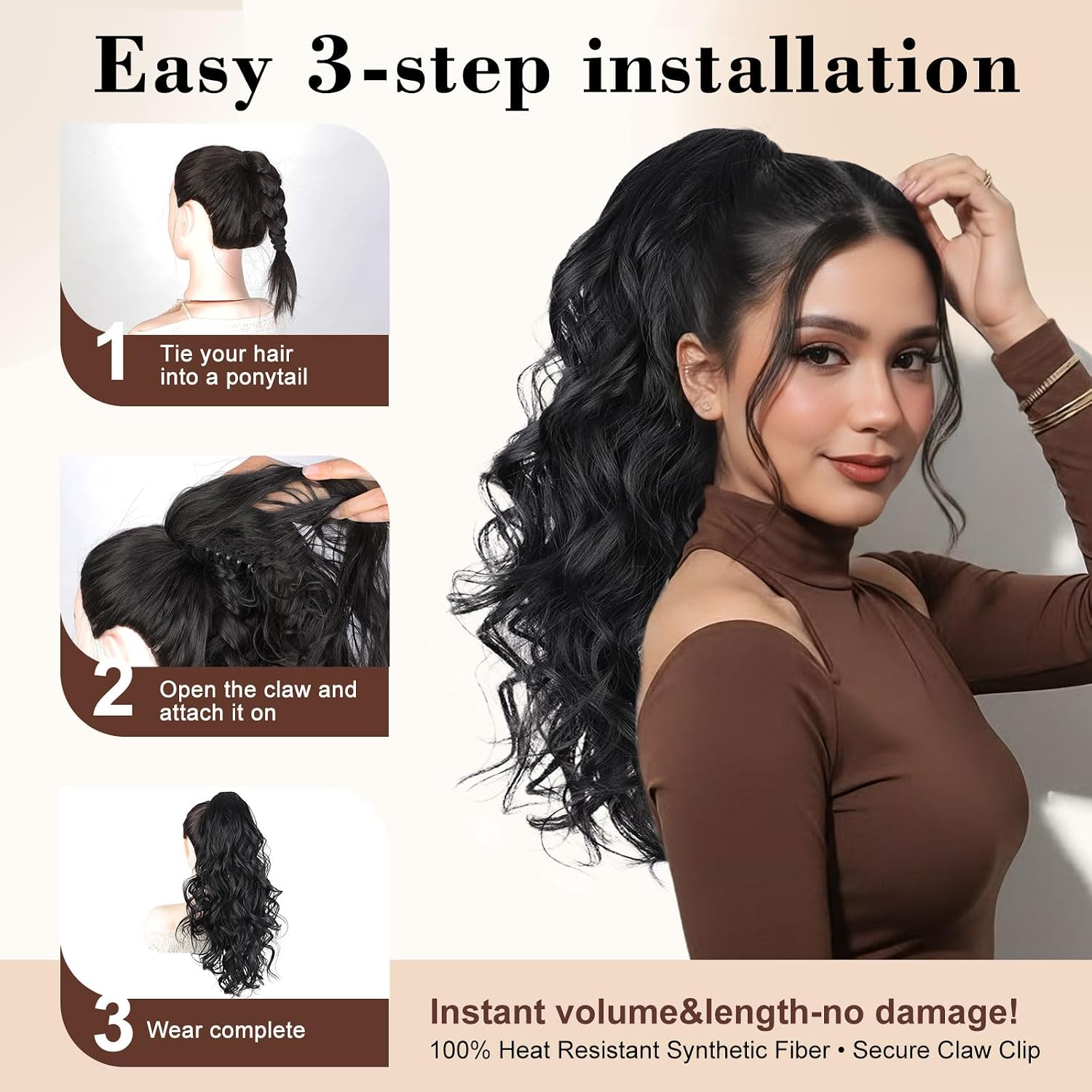Dark Brown Ponytail Extension, 20 inch Long Wavy Curly Claw Ponytail image 5