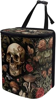 Mushroom Skull Car Trash Can Foldable with Adjustable Straps Organizer Bag for Trip Camping Picnic Auto Garbage Can for Console Front Rear Seat Trash Bin for SUV Van Sedan Truck