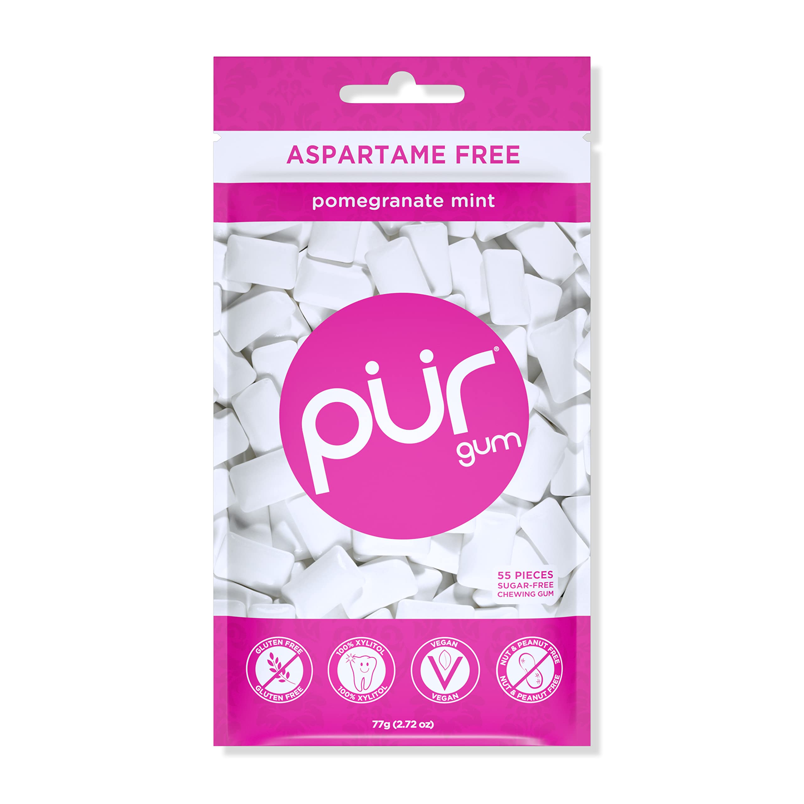Amazon.com : PUR Gum Sugar Free Chewing Gum with Xylitol, Aspartame Free +  Gluten Free, Vegan & Keto Friendly - Natural Pomegranate Mint Flavored Gum,  55 Pieces (Pack of 1) : Chewing