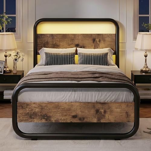 Twin Bed Frames, Metal Platform Twin Bed Frame with Wood Headboard, Brown | RBG LED Lights/Heavy Duty Metal Slats Support/12 in Under-Bed Storage/Noise-Free/No Box Spring Needed/Easy Assembly